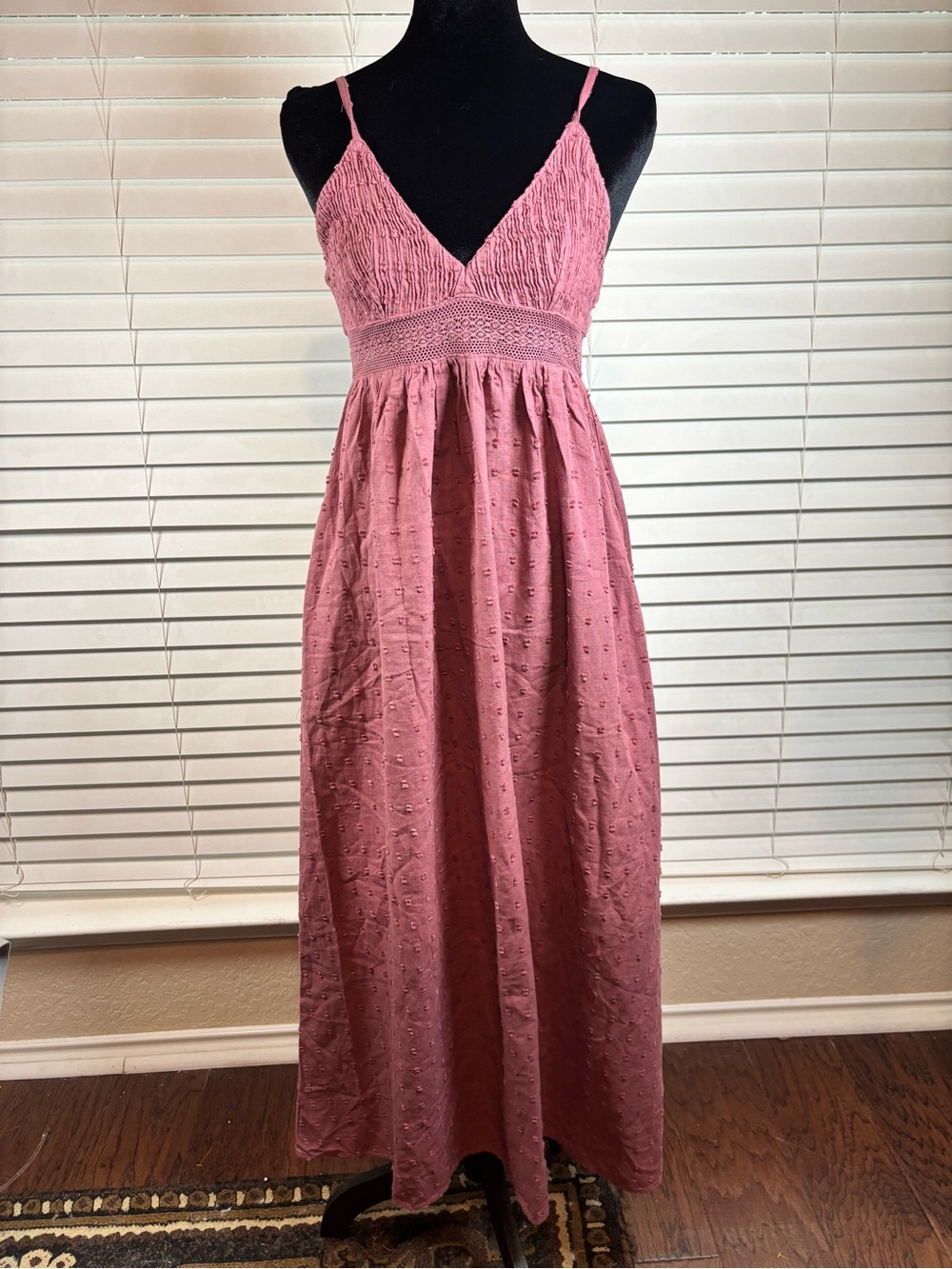 NWT Sim & Sam Dusty Rose Swiss Dot Smocked Maxi Dress Boho Cottagecore Size Med